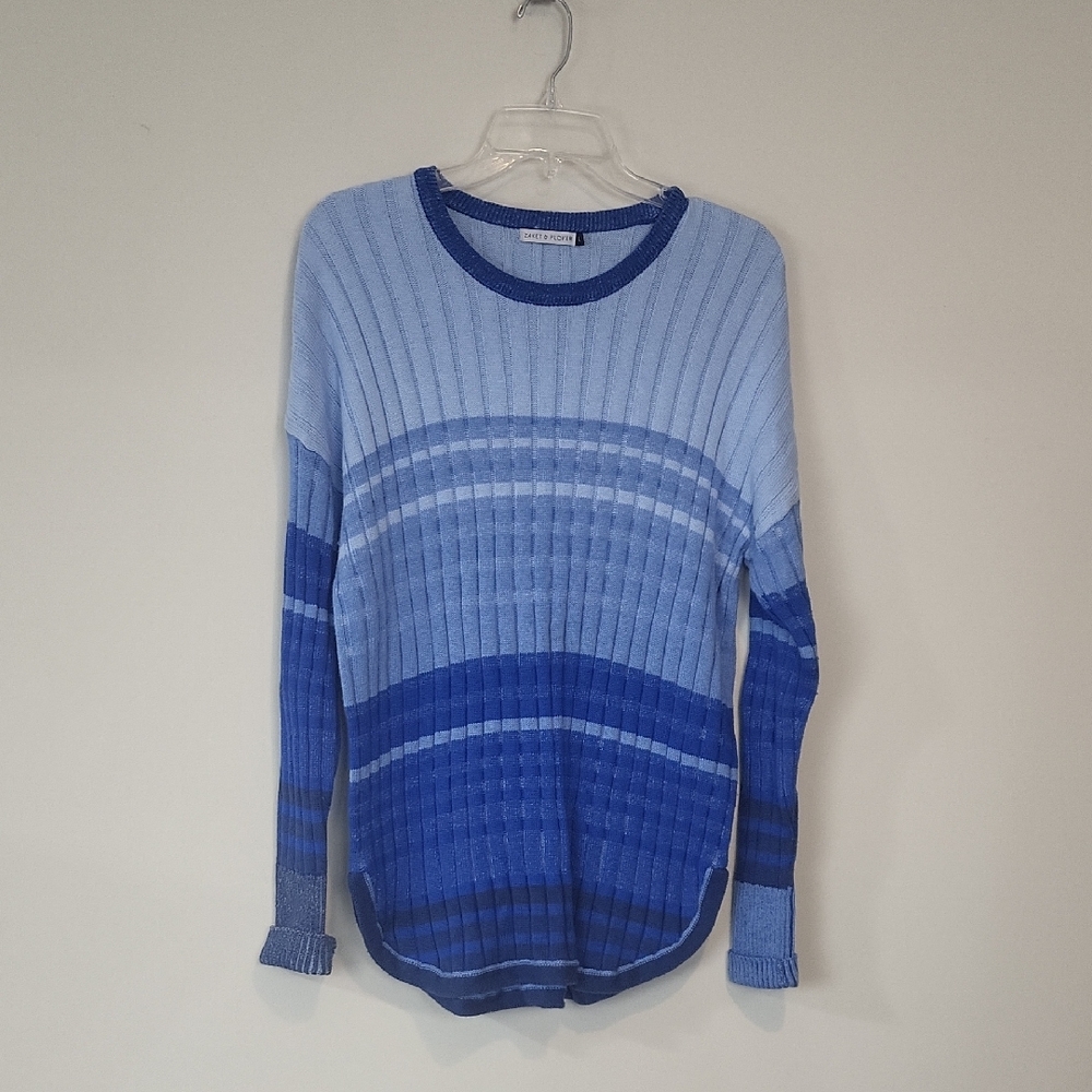 ZAKET & PLOVER Blue Stripe Cotton Cashmere Ribbed Rounded Hem Sweater